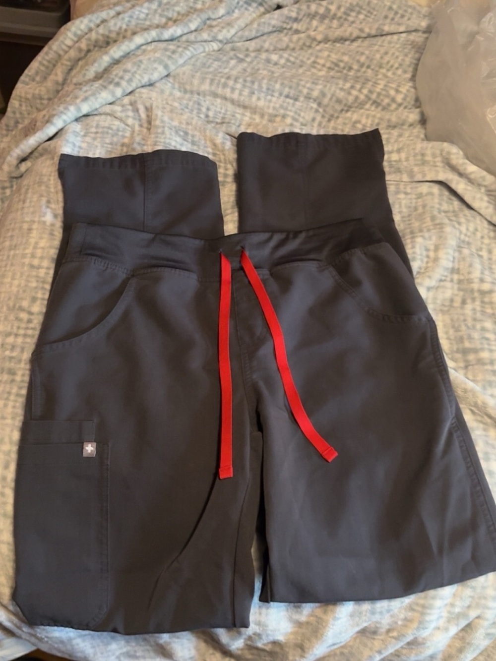 Figs gray wide leg pant scrubs with Red Drawstring